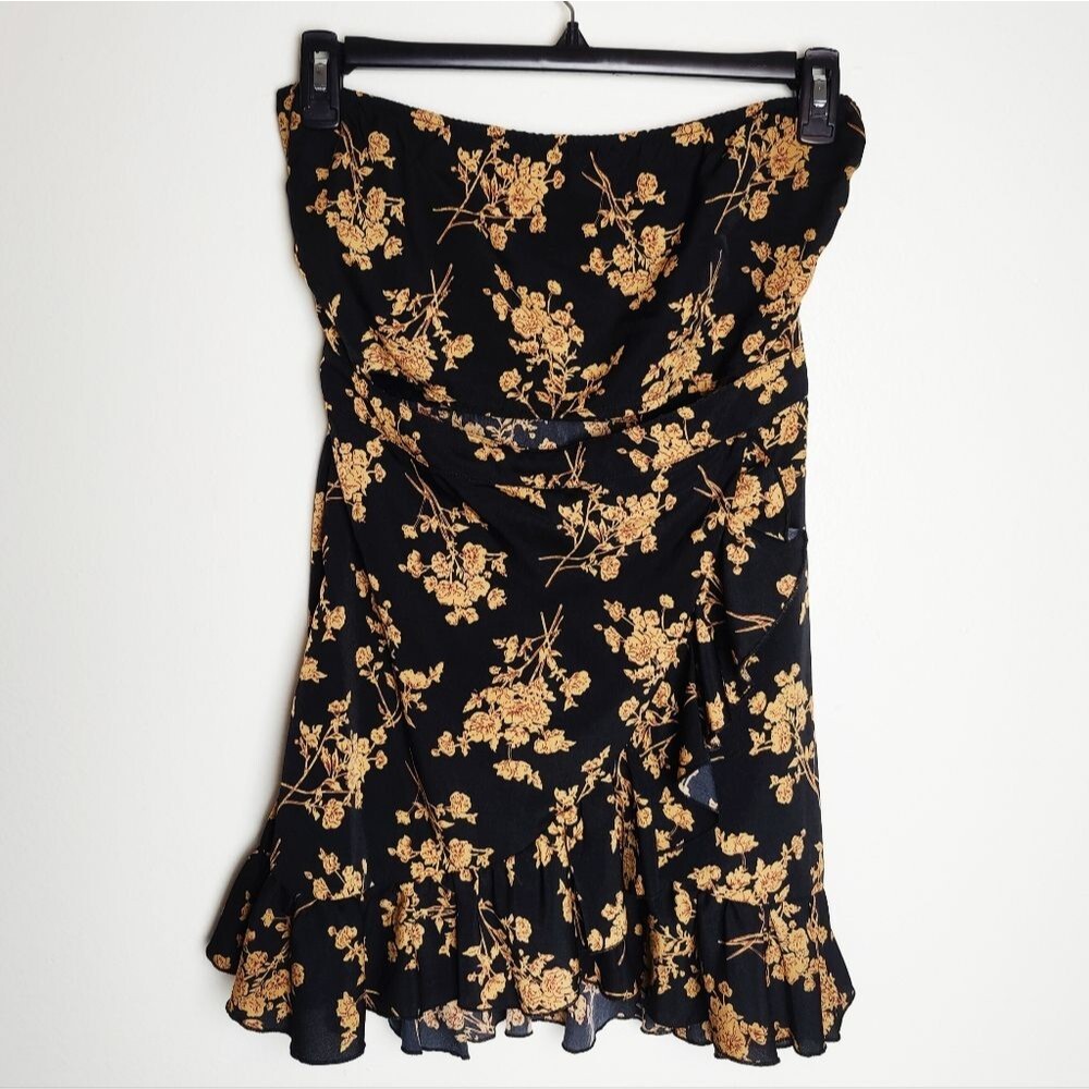 SHEIN Black/Gold Floral Cut-Out Strapless Ruffled Mini Dress, Size L